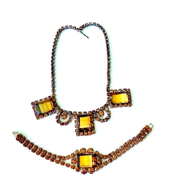 Vintage Necklace Bracelet Set Amber Glass & Rhinestone Rectangular - Picture 3 of 17